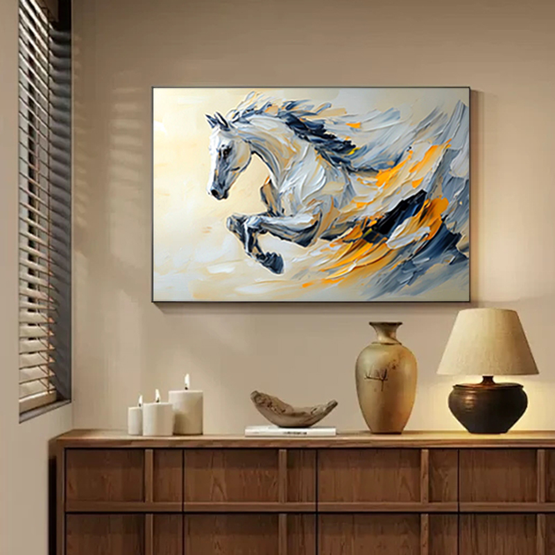手绘油画写实骏马立体肌理画手工挂画轻奢大气客厅画走廊装饰画图片