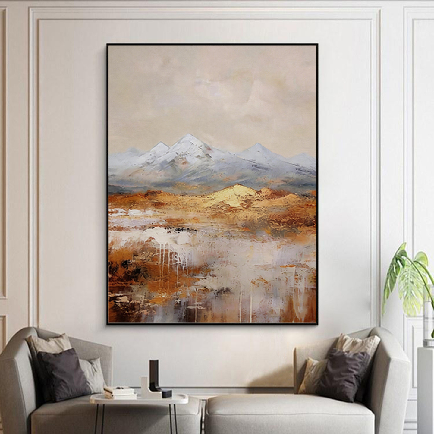 可班手绘油画远山雪域玄关装饰画