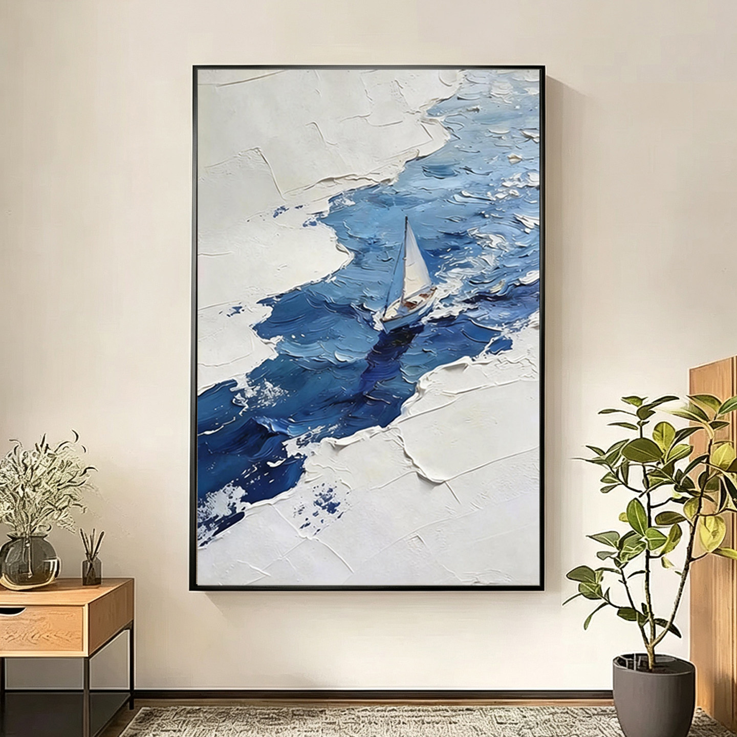可班手绘油画蓝海帆船玄关装饰画