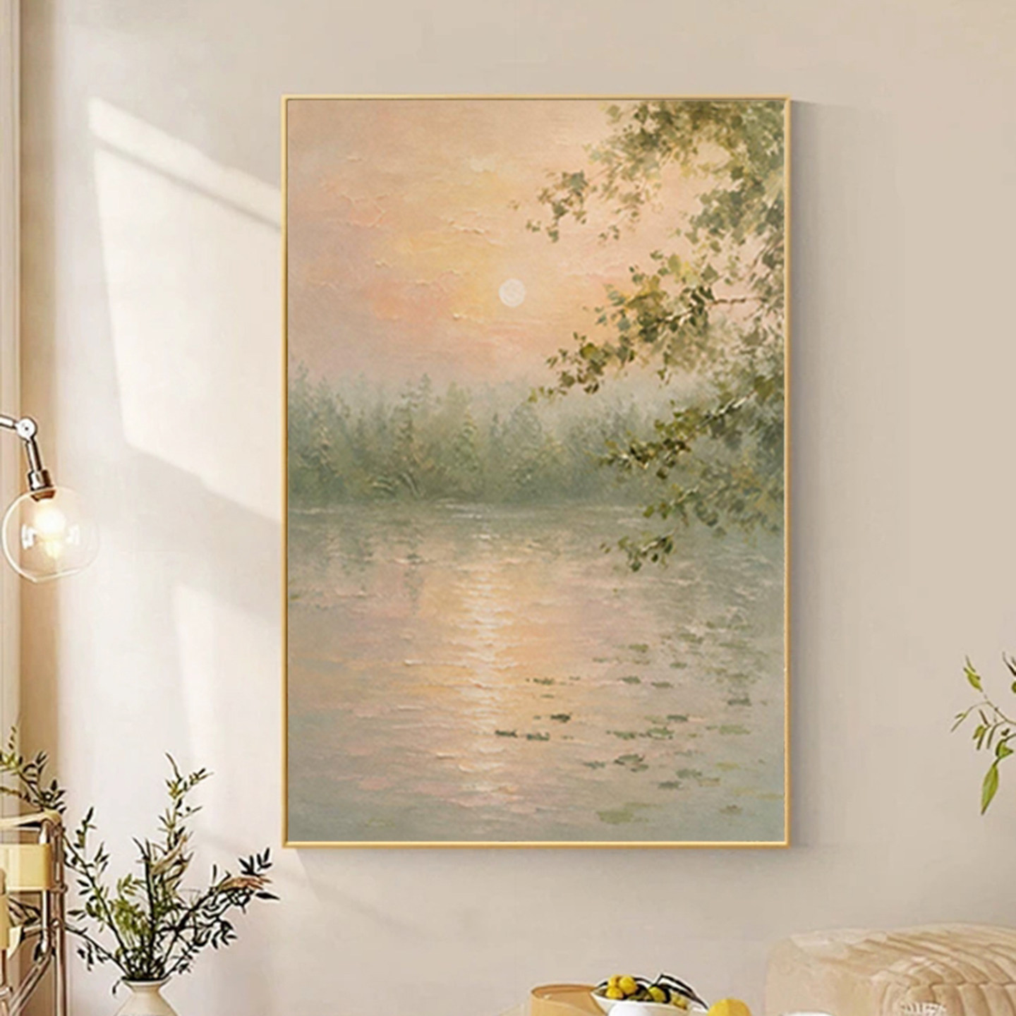可班纯手绘油画雾林静水玄关挂画