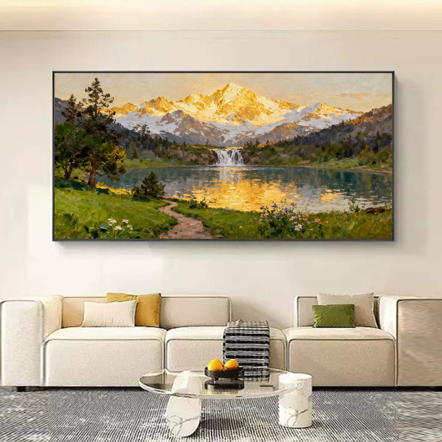 纯手绘油画聚宝盆日照金山风景画客厅书房新中式风山水画手工挂画