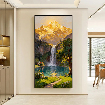 纯手绘油画日照金山流水生财风景画肌理感玄关书房中式山水装饰画