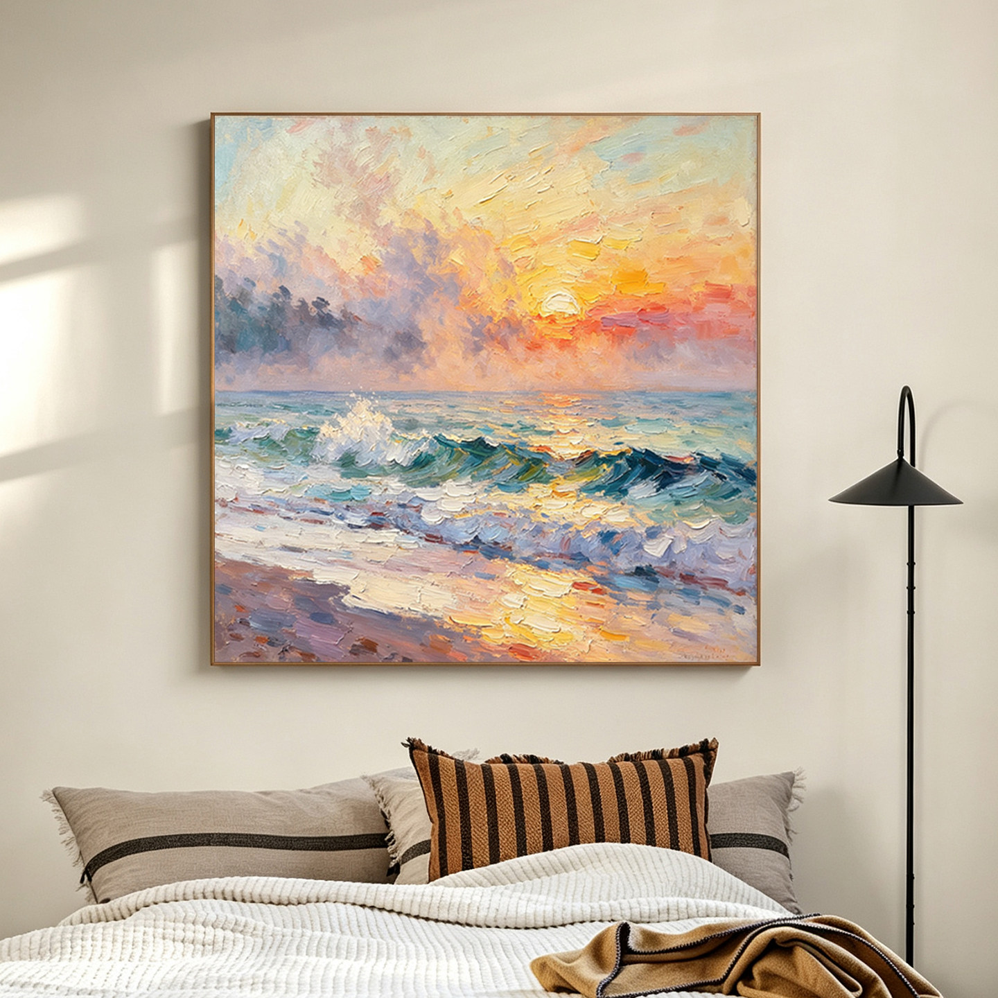纯手绘海边日落油画客厅装饰挂画