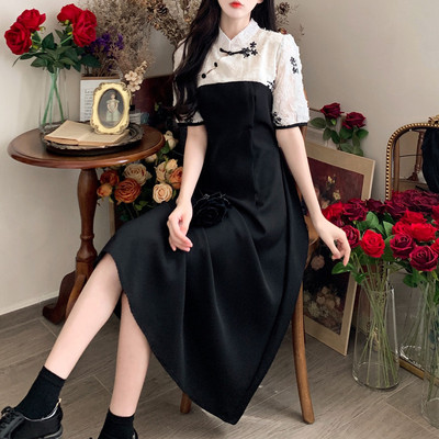 巨鹿工作室新中式黑色短袖旗袍裙