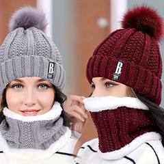 2PCS winter warm knit hat set Winter hat thick plush windpro