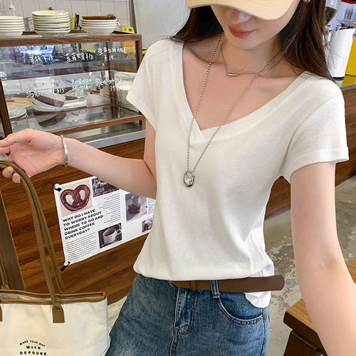 韩系小众白色v领正肩修身短袖T恤女2026夏季新款超火减龄款小上衣
