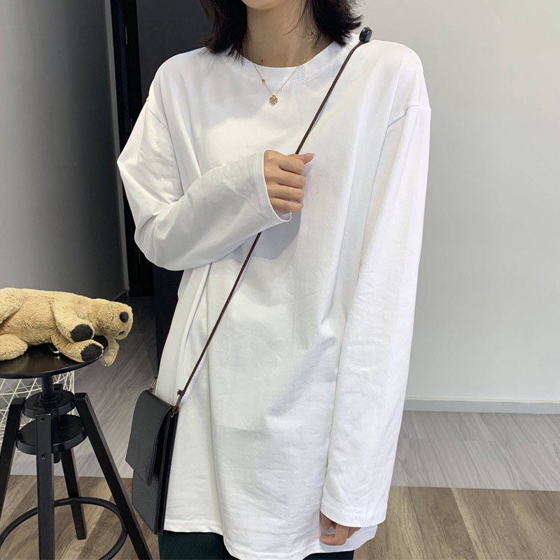中长款白色棉质T恤女春装新款宽松内搭打底衫长袖白t秋冬季上衣服