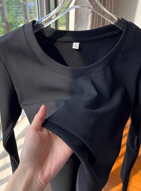新款爆款U领修身棉质长袖打底衫2025秋冬季正肩女t恤灰色内搭上衣