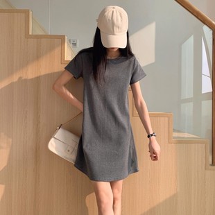 夏季T恤裙棉质宽松显瘦短袖女休闲中长款连衣裙chic韩版a字裙收腰