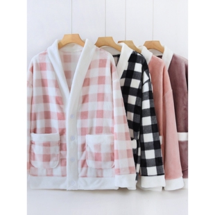 无印风日本新品法兰绒睡衣上衣冬季女款加厚加绒2025年新款冬款大