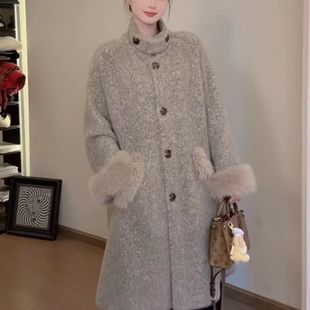 富家千金感慵懒系毛绒大衣女秋冬立领宽松长款毛呢外套气质百搭