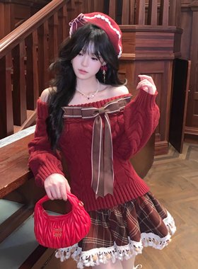 Blovelan心湾泊梦 甜美慵懒大蝴蝶软糯北极绒针织秋冬一字肩毛衣