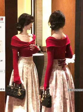 10.31晚8点大Eees 红芭蕾 腰封设计后背绑带高腰半身裙套装