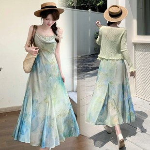 实拍~长款收腰荡领渐变色鱼尾a字大码连衣裙夏季法式气质吊带裙子