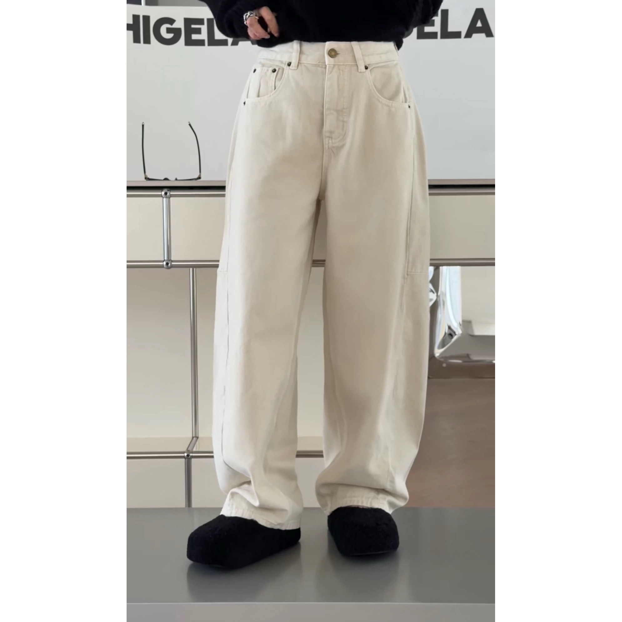 秒发17228舒适极简慵懒抓绒直筒裤休闲牛仔裤女2025秋冬新