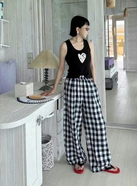 秒发诗歌兰58350慵懒清新温柔格子阔腿裤防晒休闲裤2025新款女装