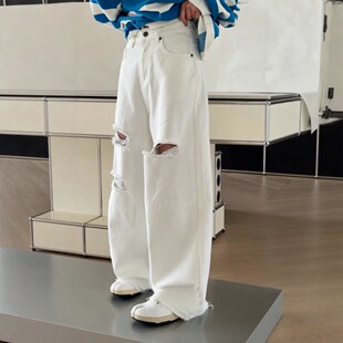 热卖诗歌兰1295春季2026新款时尚百搭破洞牛仔裤宽松直筒裤子女潮