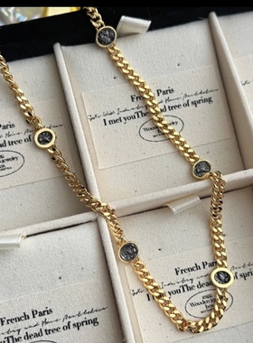 法式复古金色古巴链条项链仿古币雅典娜黑色人像锁骨链百搭显瘦