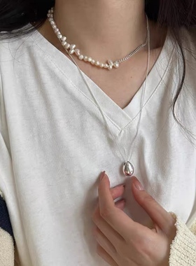 松本惠奈s925纯银饰品铜镀金银质感豆豆吊坠水滴鸽子蛋长款项链