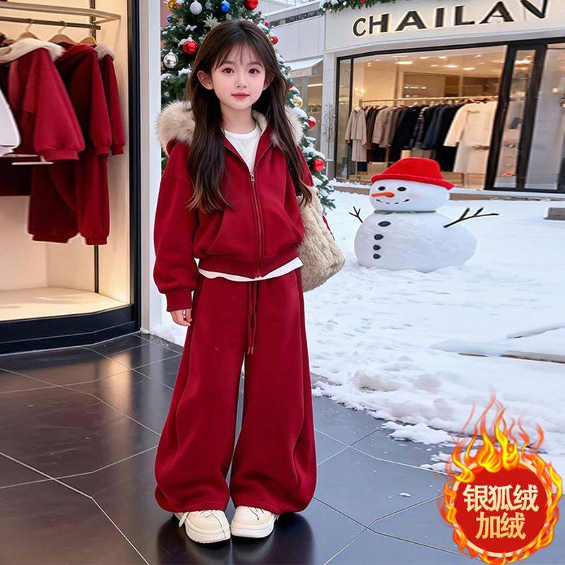 女童新年衣服加绒套装拜年服毛领连帽外套阔腿裤红色两件套女休闲,童装/婴儿装/亲子装,套装,淘宝优惠券,粉丝福利购,淘宝优惠卷