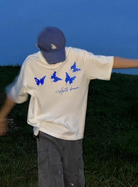 重磅 Asrts荧光蝴蝶小众潮牌夏季纯棉宽松男士情侣半袖短袖T恤ins