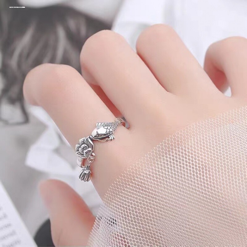 镀银如鱼得水戒指开口女银锦鲤食指环个性古典简约饰品新