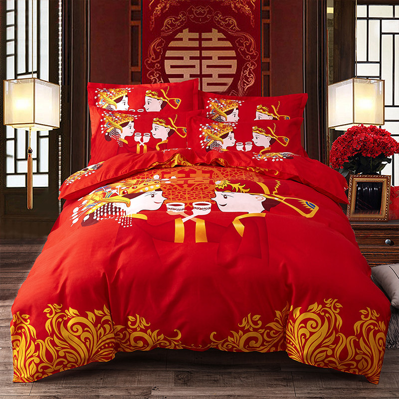 婚庆床上用品床单被套四件套大红色结婚1.8m米新婚四件套大红色_虎窝淘