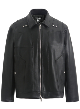GOSNACE/GOS  多片翻领解构设计感拼接黑色机车真皮皮衣夹克外套