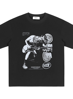 GOSNACE/GOS Vintage美式复古摇滚人像黑色重磅280g短袖T恤男夏季