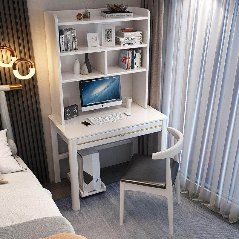 实木书桌与书架家庭简单现代电脑桌70/90厘米卧室小公寓白色写字