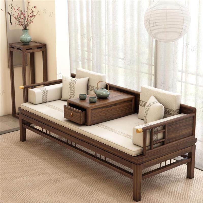 罗汉床实木推拉两用床老榆木新中式沙发小户型客厅伸缩原木贵妃榻