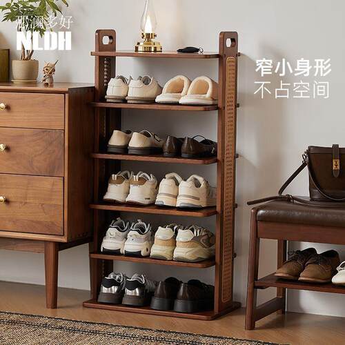 实木鞋柜窄边入户门家用玄关处多层收纳架简易藤编鞋柜