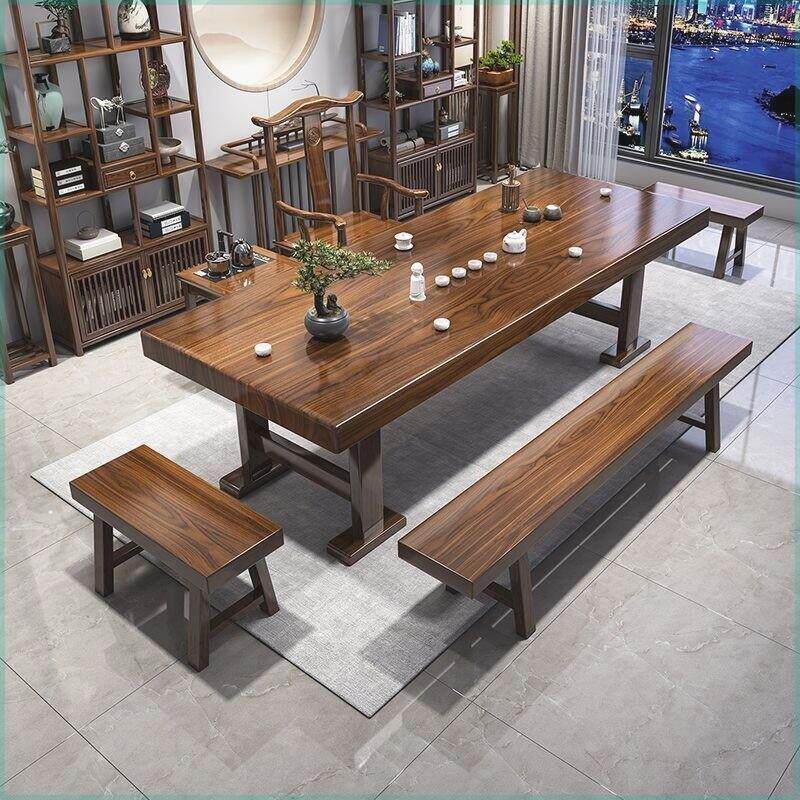 新中式大板茶桌椅组合原木实木茶台现代家用一桌五椅禅意茶几套装