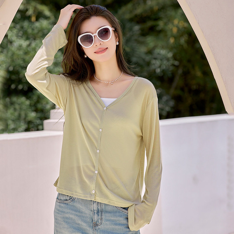Yun Dian Best Selling Thin Soft Lyocell Tencel Cardigan V Neck Raw Edge Long sleeves Knitting Air Conditioning Shirt Sun Protection Tops