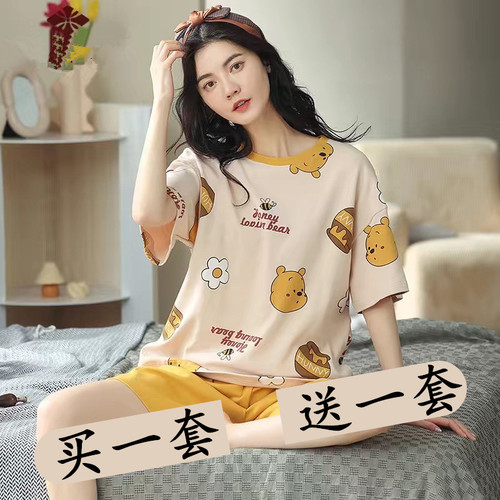 睡衣女夏季短袖短裤纯棉韩版清新学生夏天宽松可爱家居服两件套装 - 封面