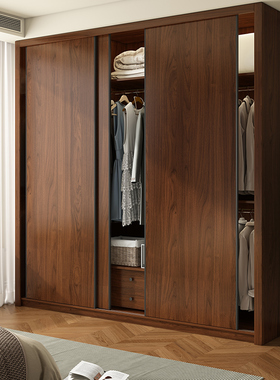 政府补贴定制推拉门衣柜胡桃木色到顶60深新款2025家用卧室橡木柜