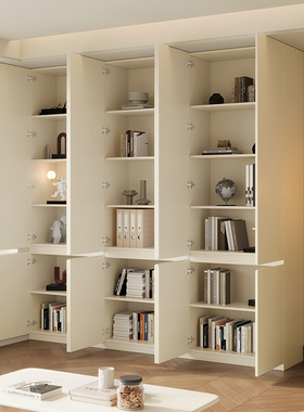定制橡木书柜一体白色全实木客厅靠墙置物柜平开门整墙储物柜书架