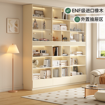红橡木书柜实木储物柜一体靠墙