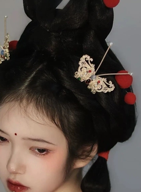 合金发饰红色毛球发簪百搭古风簪子新年汉服发饰毛球夹子