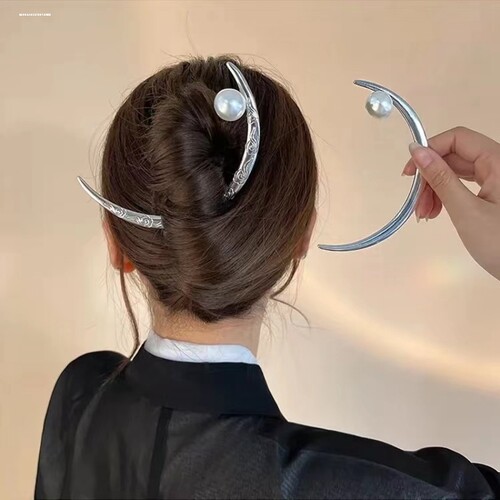 银色上弦月簪子女夏天丸子头盘发头饰高级感金属发钗古风弯月发簪