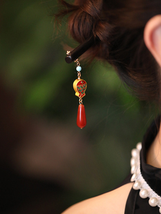 簪子新中式女童古风 双面小于步摇流苏发簪盘发头饰木簪旗袍配饰