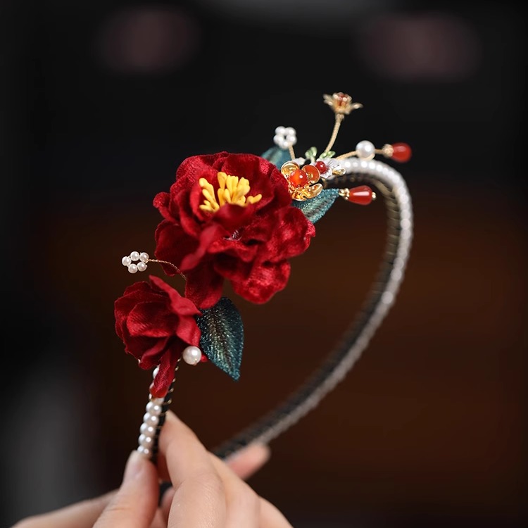 秀禾头饰红色山茶花旗袍新娘发箍秋冬复古气质压发发卡红色头箍女