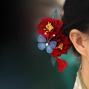 国风复古手工布绒红色花朵发夹古风汉服发饰马面裙头饰新娘配饰