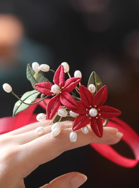 非遗缠花新娘手腕花古风中式红色秀禾服旗袍高级感婚礼配饰品手环