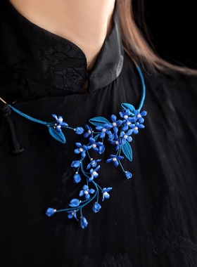 陌小墨项链高级感小众国风项圈蓝色布艺小花朵锁骨链古风旗袍配饰