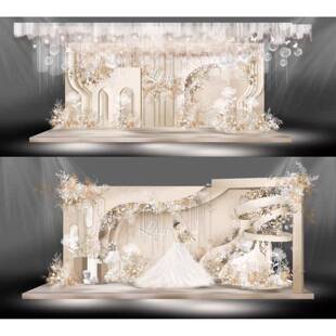 香槟色奶茶色唯美婚礼手绘舞台迎宾甜品设计图psd文件效果图素材