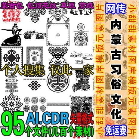 内蒙古习俗文化/矢量蒙古包顶花纹图案草原剪纸设计素材图库/网传