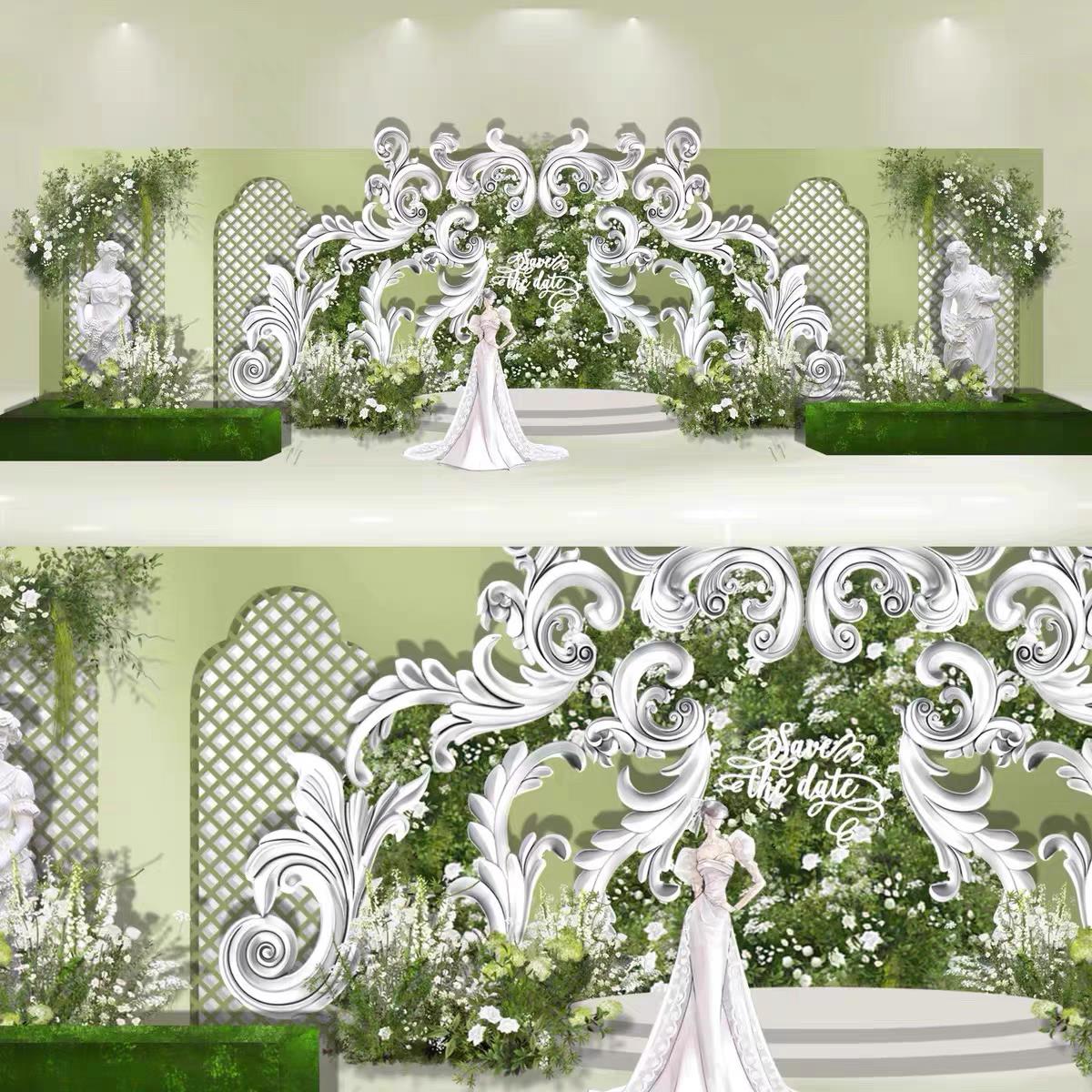 X262 白绿色牛油果绿法式花园婚礼迎宾区效果图psd源文件花纹泡雕