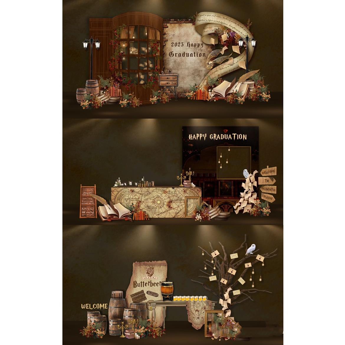 哈利波特魔法婚礼效果图psd源文件复古曲线咖色婚礼城堡婚礼