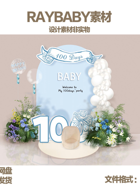 RB0016蓝色韩系ins风生日设计素材生日宴海报效果图源文件